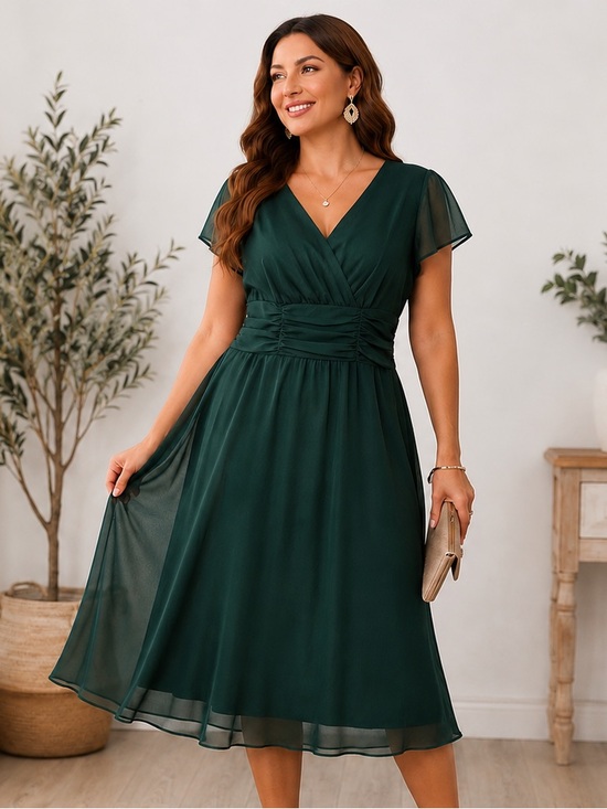 connected apparel Dresses & Skirts - Emerald Green Chiffon Fit & Flare Cocktail Dress Ruched Waist Size 14 Midi